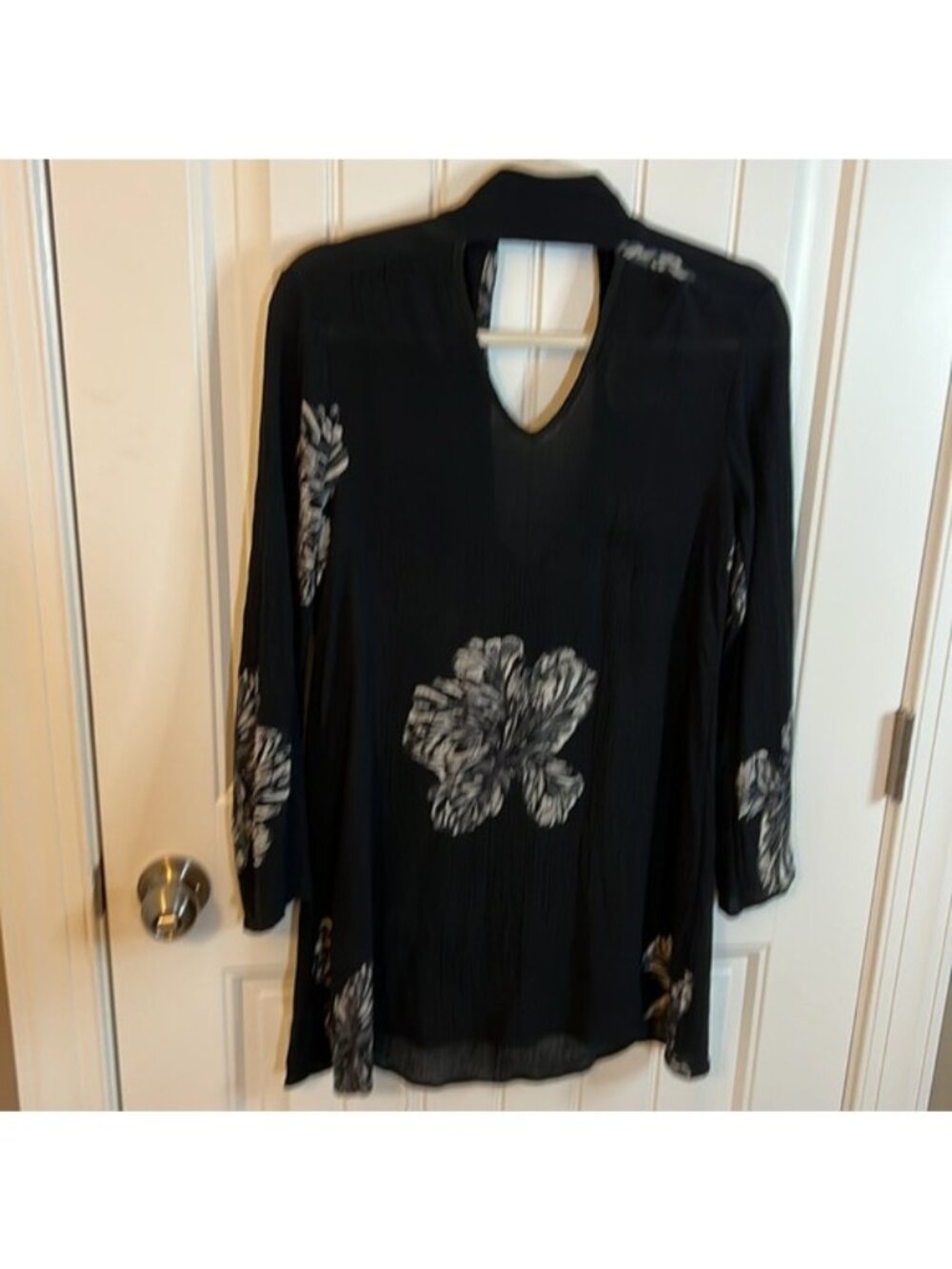 Vintage Havana Dress black floral mini crinkle type semi sheer Size Small